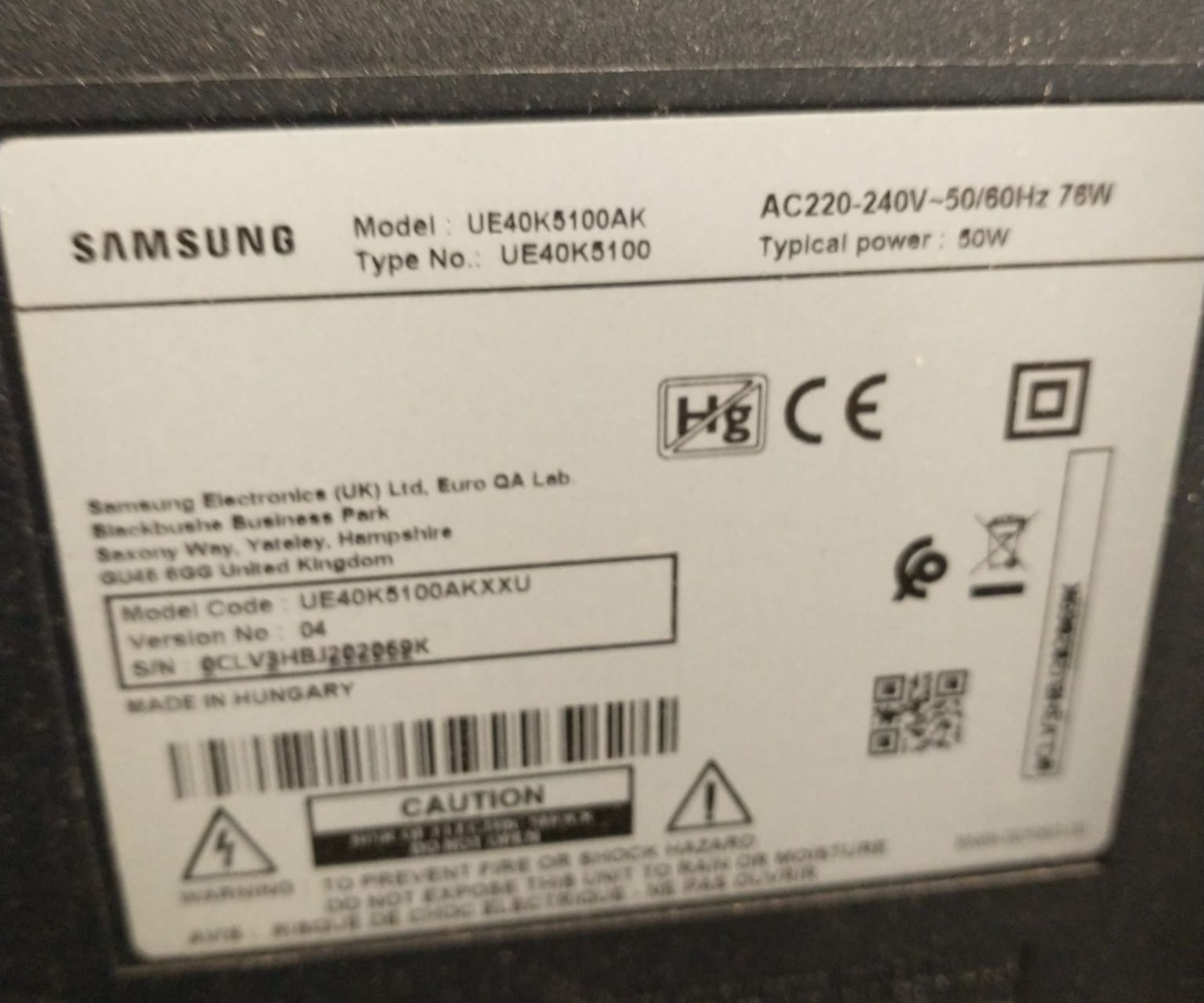 1 x Samsung 5 Series 40 Inch LED-backlit LCD Television - Full HD - Model UE40K5100AK - Ref: 1 x - Image 2 of 2
