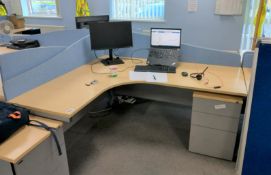1 x Corner Office Desk With a Beech Finish, Privacy Panels and a Matching Three Drawer Pedestal -