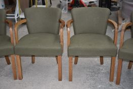 4 x Danish Style Occasional Arm Chairs With Curved Oak Arms and Vintage Green Upholstery -