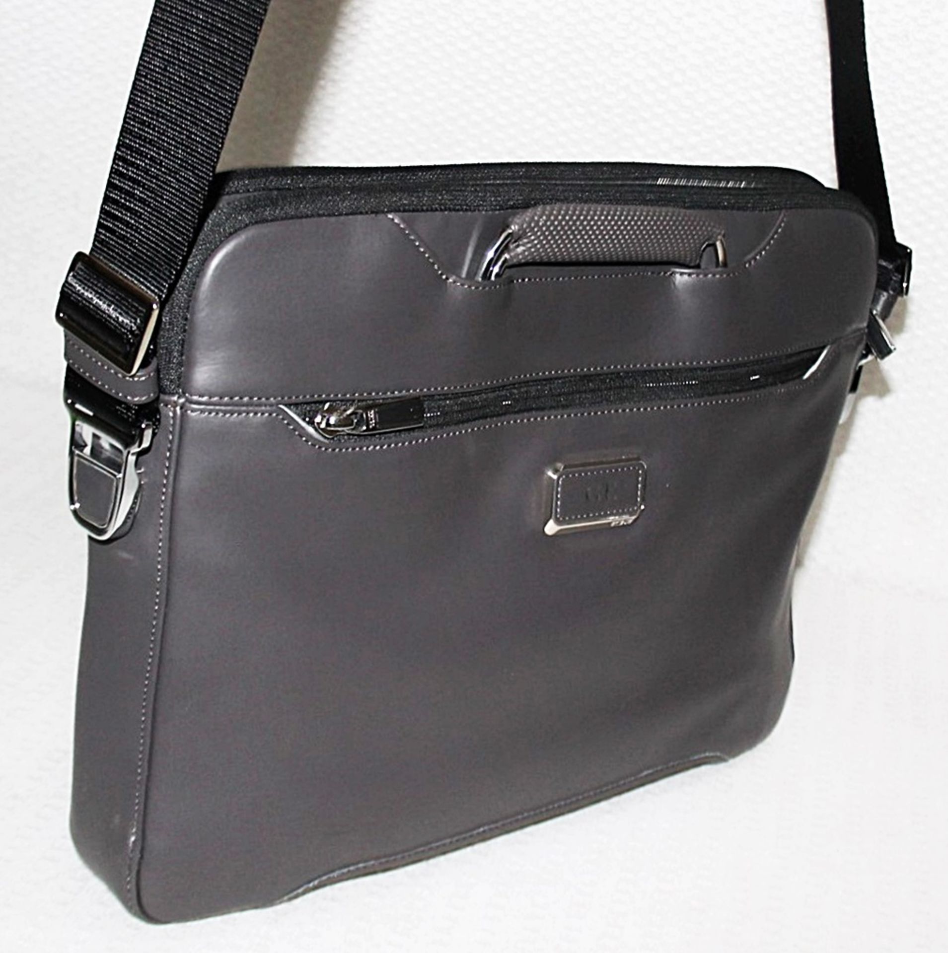 1 x TUMI Luxury Leather Slim Brief Case With Strap In A Taupe / Gunmetal Grey - Original Price £745 - Image 4 of 14
