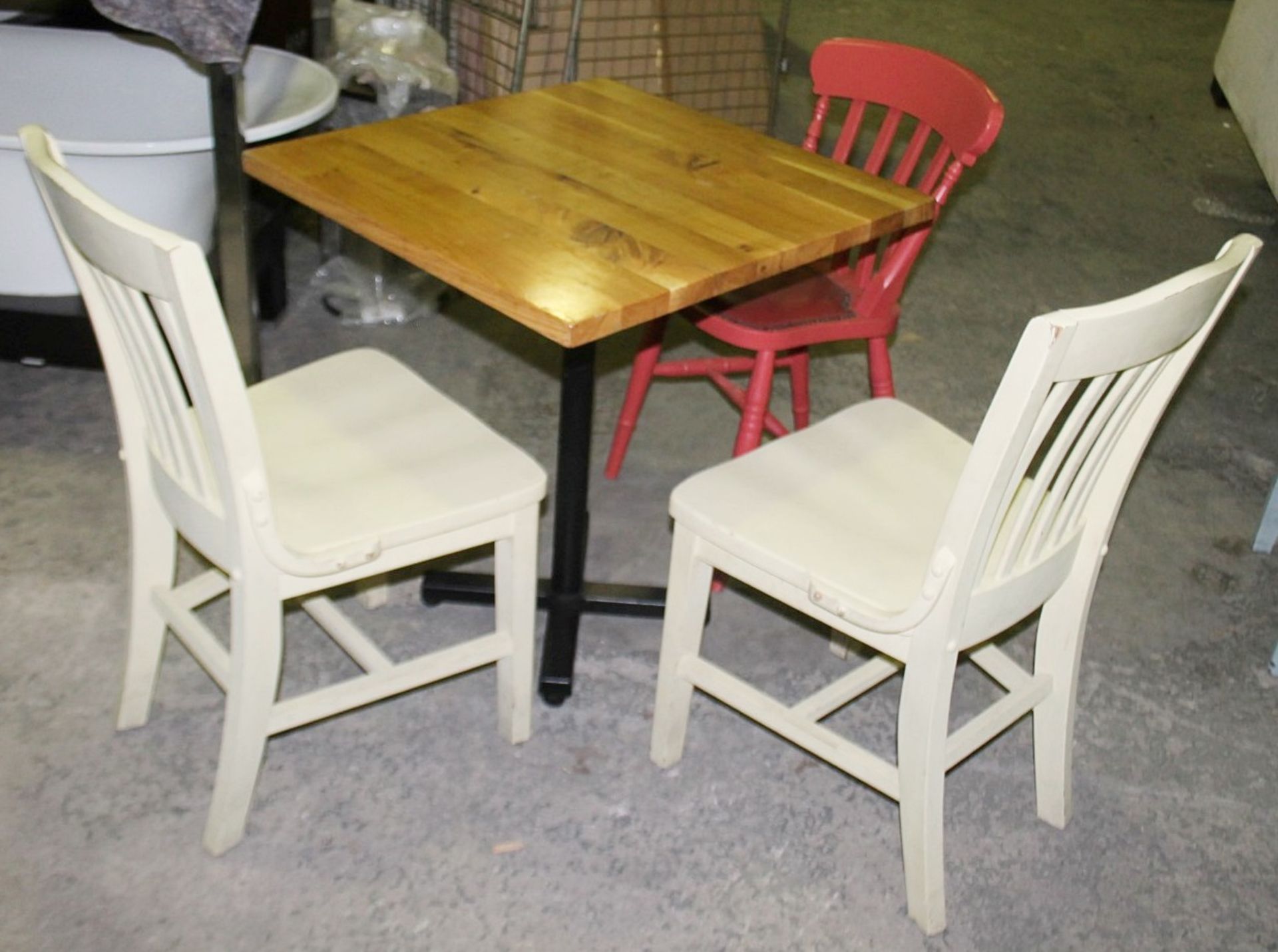 1 x Solid Wood Farmhouse Square Bistro Table With 3 x Chairs Featuring A Solid Oak Table Top - - Image 3 of 3