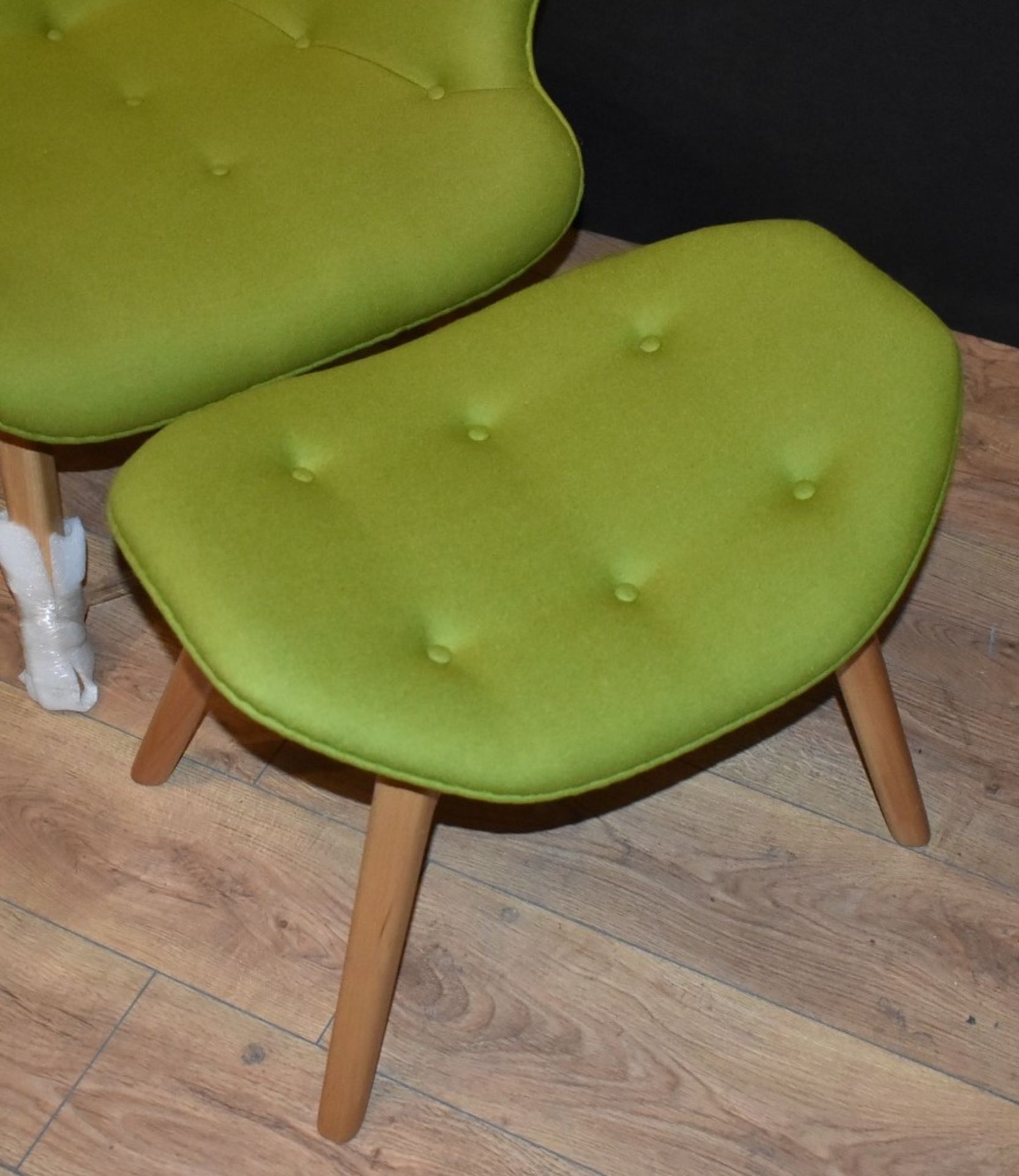 1 x Designer Inspired Retro Wingback Armchair With Footstool - Contemporary Green Fabric With - Image 9 of 12