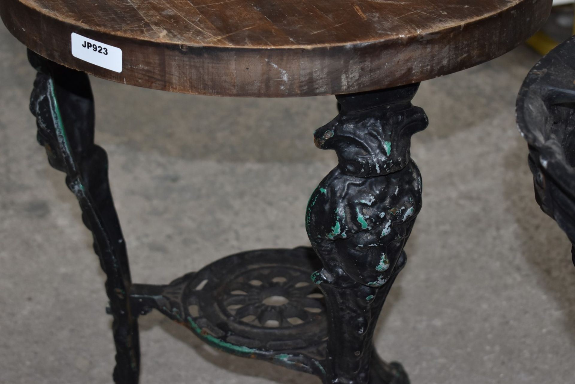 2 x Vintage Ornate Cast Iron Table Bases With Wooden Top - Dimensions: H70 x W50 cms - Ref: JP923 - Image 6 of 8