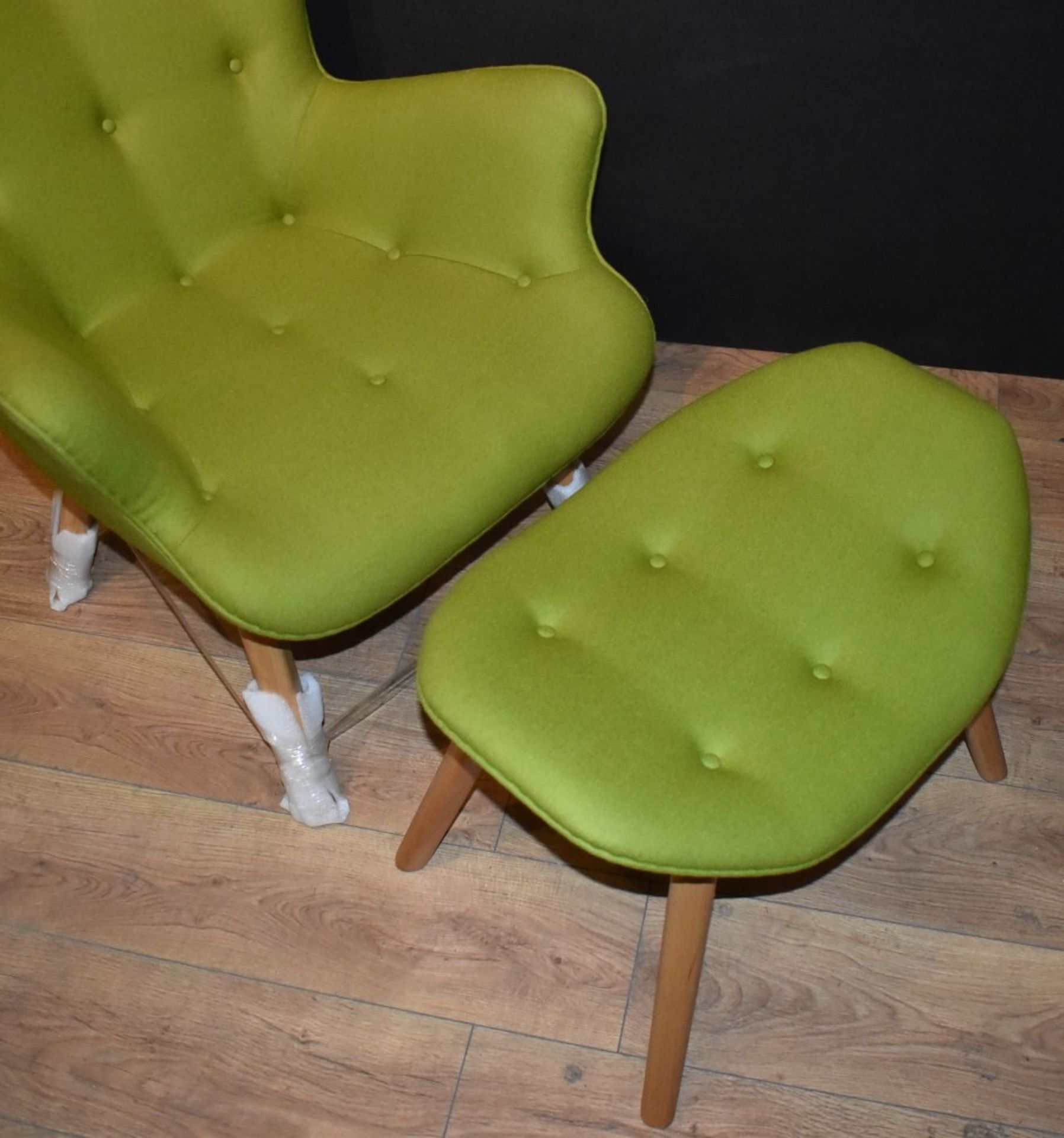 1 x Designer Inspired Retro Wingback Armchair With Footstool - Contemporary Green Fabric With - Image 10 of 12