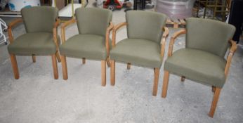 4 x Danish Style Occasional Arm Chairs With Curved Oak Arms and Vintage Green Upholstery -