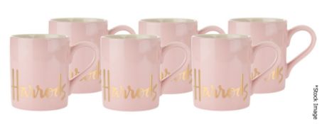 Set Of 6 x HARRODS Branded Mugs In Pink With Gold-Tone Logo Design - Dimensions: 9cm x 8cm -