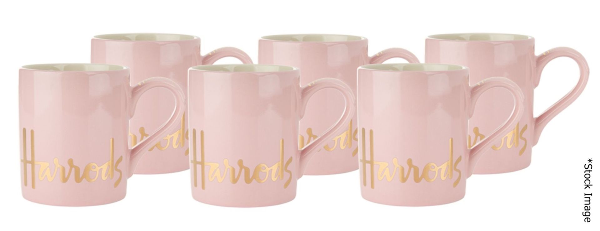 Set Of 6 x HARRODS Branded Mugs In Pink With Gold-Tone Logo Design - Dimensions: 9cm x 8cm -