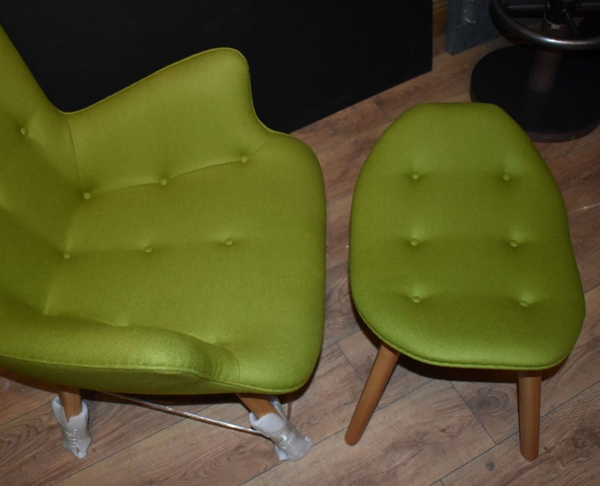 1 x Designer Inspired Retro Wingback Armchair With Footstool - Contemporary Green Fabric With - Image 11 of 12