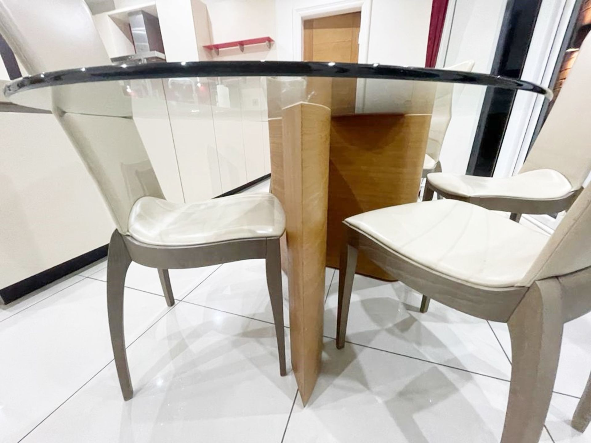 1 x Oval Glass Dining Table With an Abstract Oak Base and Five High Back Leather Dining Chairs! - Image 3 of 15