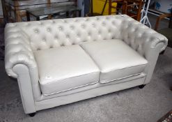 1 x Chesterfield Style Two Seater Sofa in Faux Cream Leather - Ex Display - Dimensions: 160cm