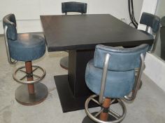1 x Large Square Dining / Meeting Table In A Dark Wood Veneer With 4 Leather Upholstered Stools