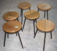 6 x Small Wooden Stools With Solid Wood Tops and Metasl Bases - Various Conditions As Pictured -