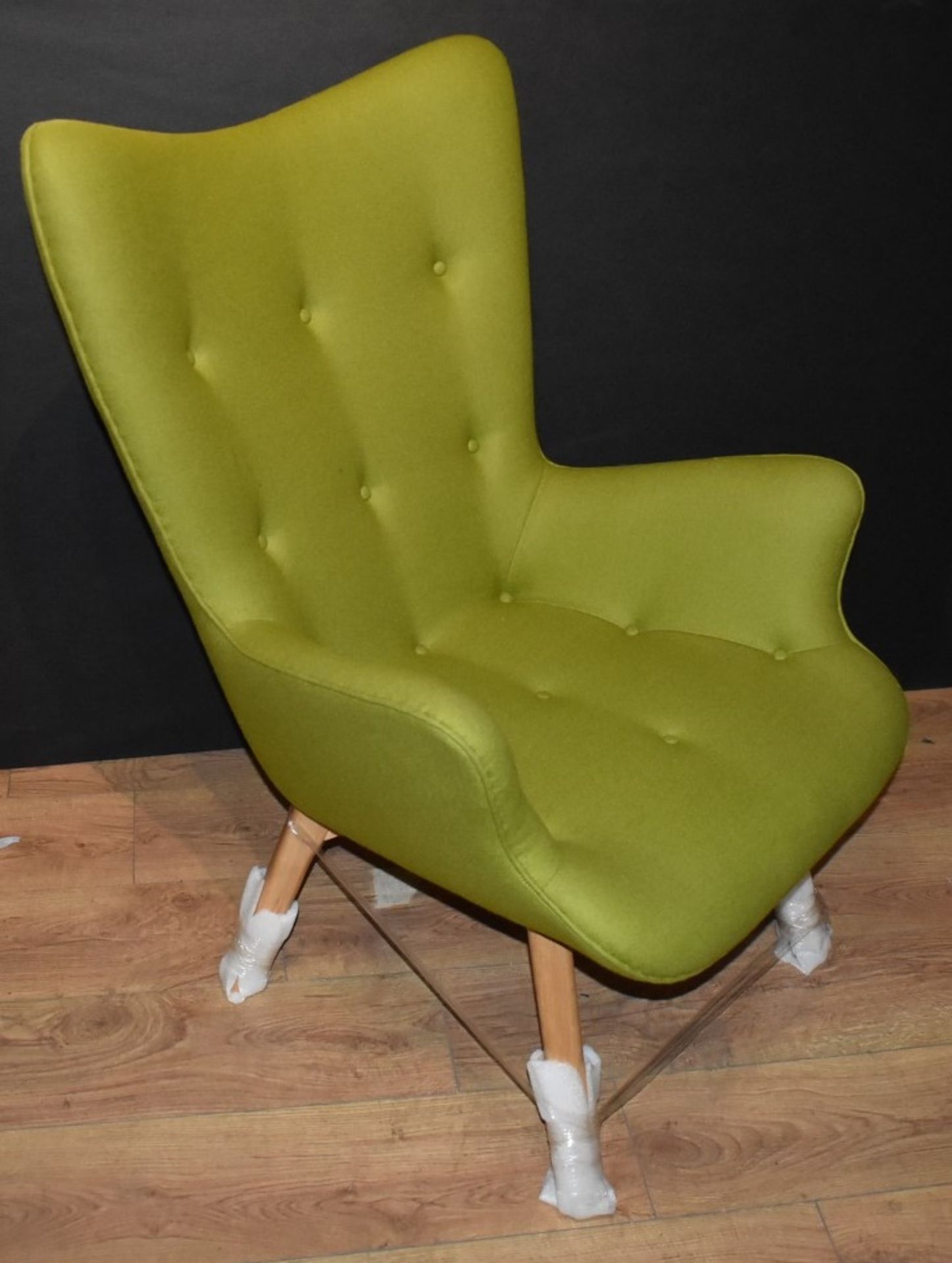 1 x Designer Inspired Retro Wingback Armchair With Footstool - Contemporary Green Fabric With - Image 3 of 12