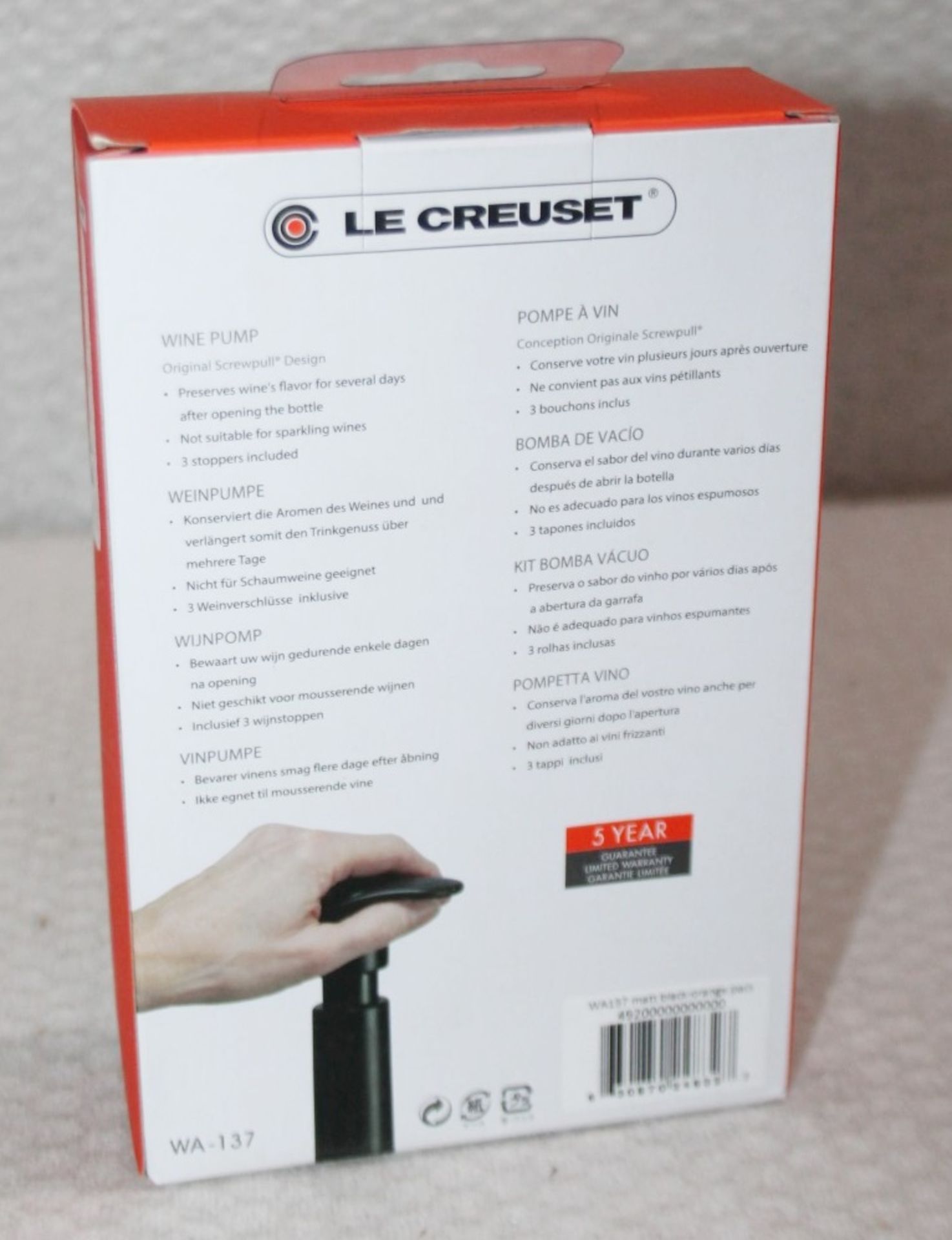 1 x LE CREUSET Wine Pump and Stoppers (WA-137) - Unused Boxed Stock - Ref: HAS443/FEB22/WH2/C6 - - Image 4 of 4