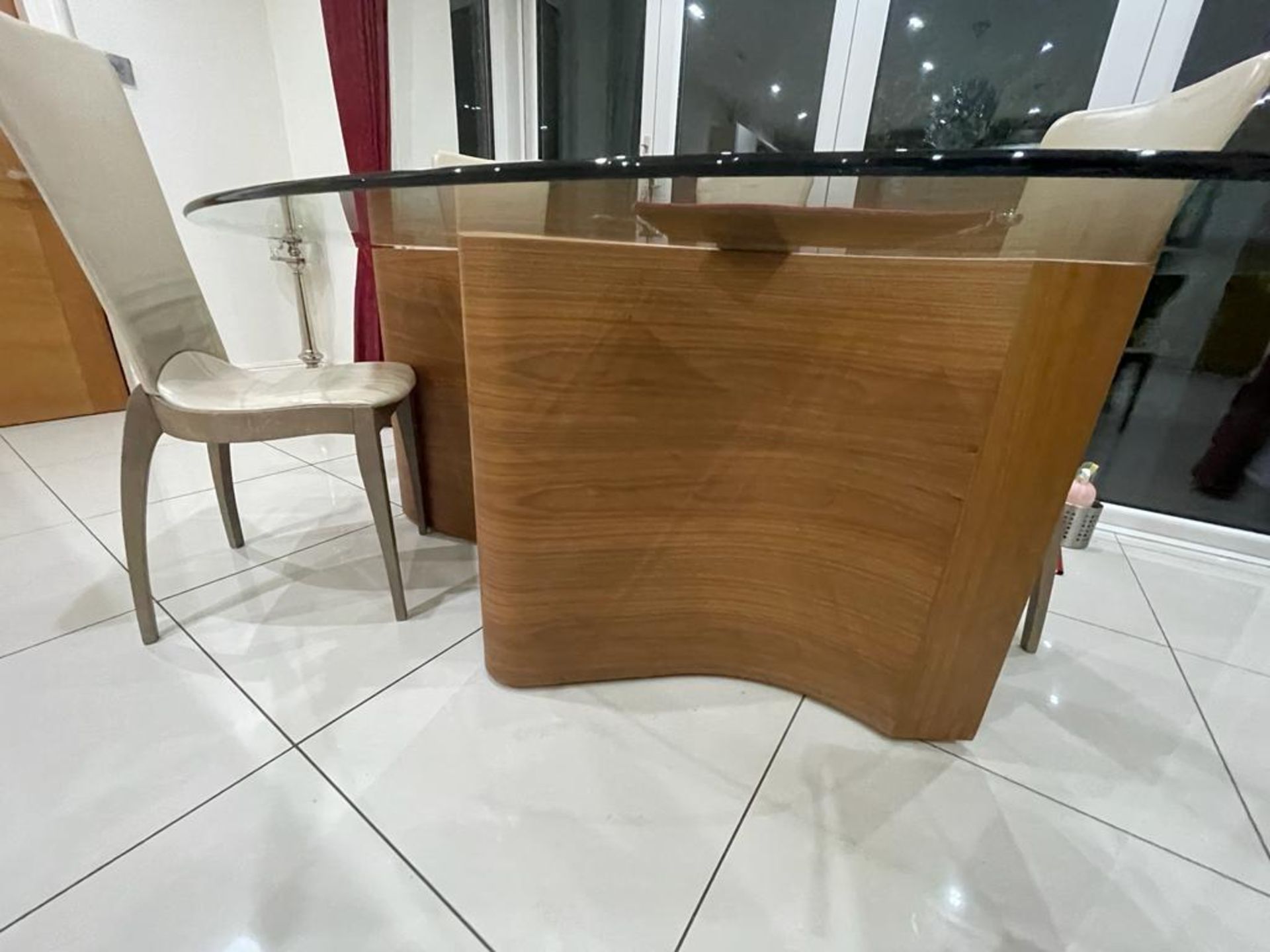 1 x Oval Glass Dining Table With an Abstract Oak Base and Five High Back Leather Dining Chairs! - Image 15 of 15