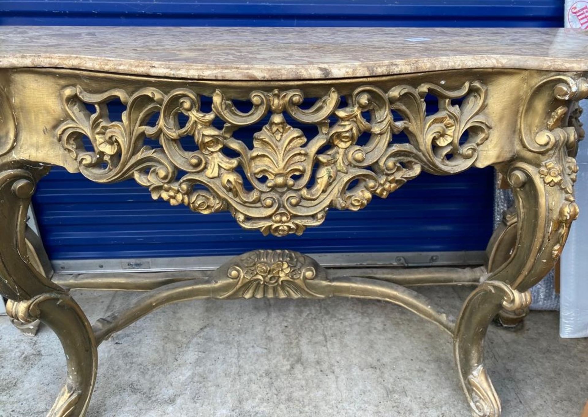 1 x Ornate Gold Rococo Style Console Table With Gold Base and Marble Stone Top - Image 3 of 4