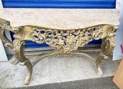 1 x Ornate Gold Rococo Style Console Table With Gold Base and Marble Stone Top