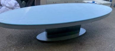 1 x Large Oval Contemporary Dining Table With Mirrored Base Pedestal, Glass Top and Gold Inlay