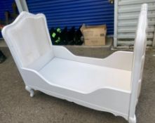 1 x French Louis Style Children's Bed in Ivory With Carved Wood Detail and Fabric Upholstery