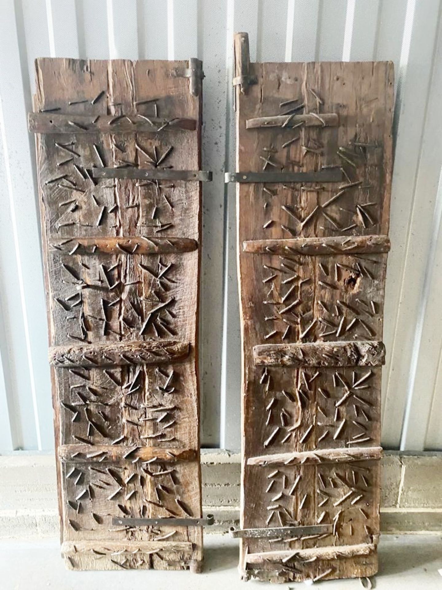 1 x Pair of Medieval Style Solid Oak Carved Wood Doors With Metal Work - Image 7 of 11