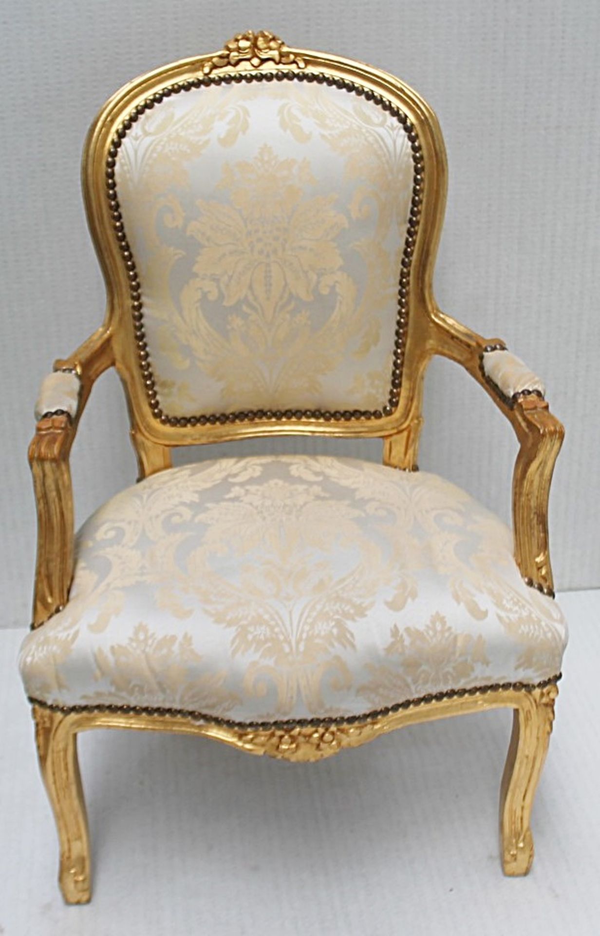 1 x Regency-Style Upholstered Chair In Gold & Silver With Ornate Carved Detailing - Recently Removed