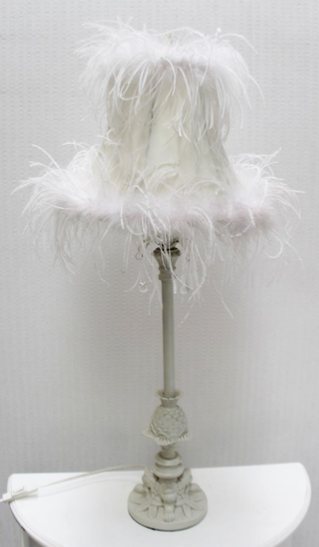 1 x Table Lamp Adored With Feathers And Glass Droplet Decoration - Recently Removed From A