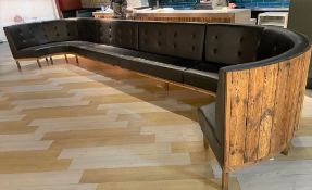 1 x Long Seating Bench With Curved Ends - Features Genuine Dark Brown Leather and Timber Panelled