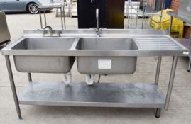 1 x Stainless Steel Twin Sink Basin Wash Unit With Spray Hose Tap, Two Large Sink Bowls and Drainer