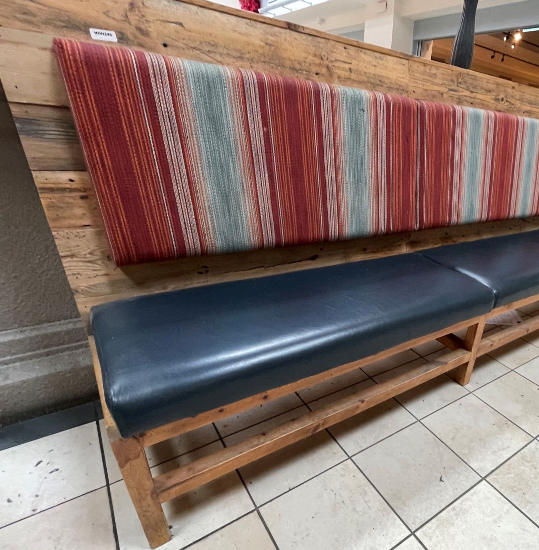 1 x Wooden Seating Bench Featuring Genuine Leather Seat Pads and Striped Fabric Back Rests - Image 7 of 12