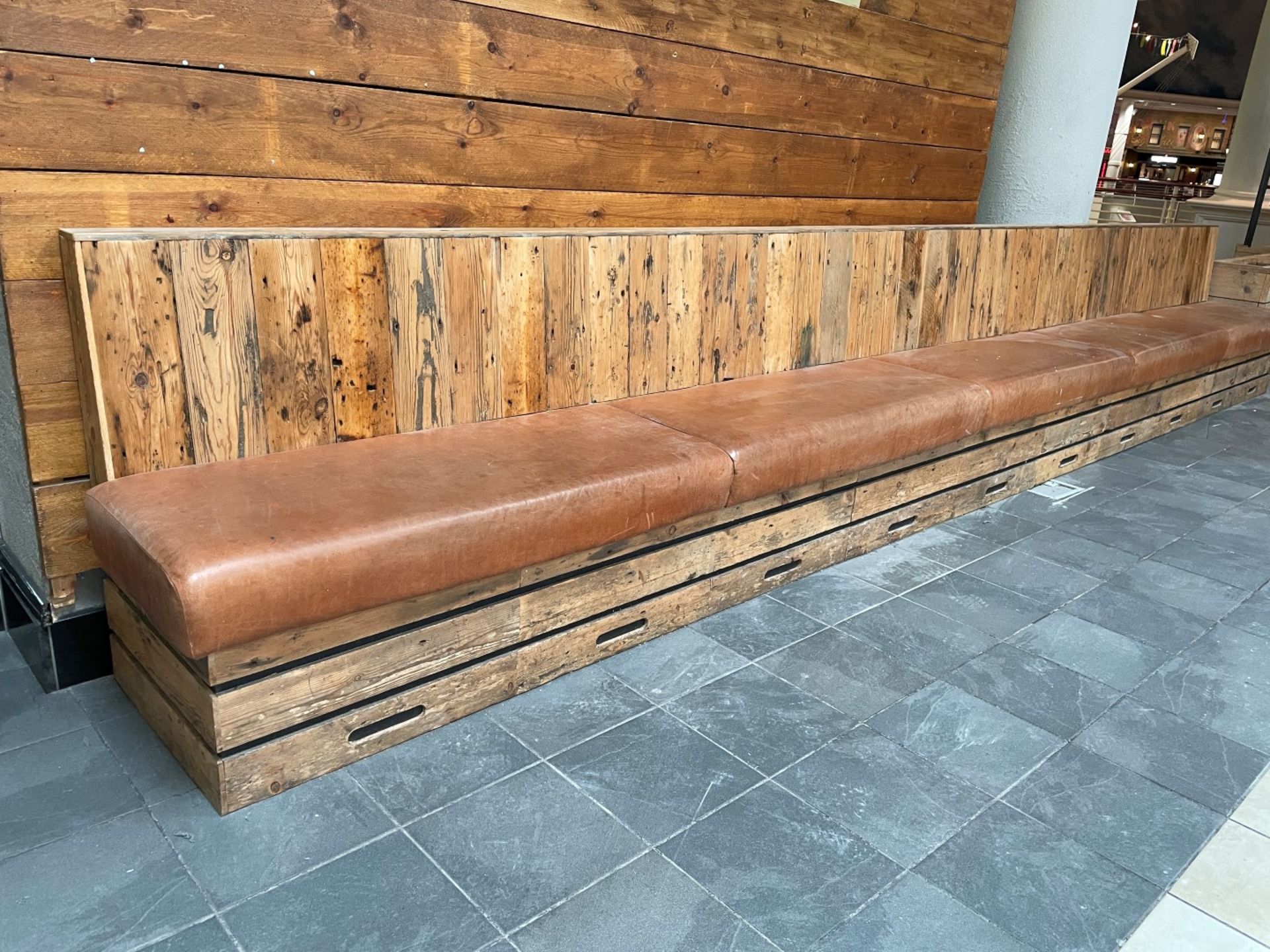 1 x Rustic Wooden Seating Bench Featuring Tan Leather Seat Pads - Suitable For Restaurants or Bars! - Image 6 of 12
