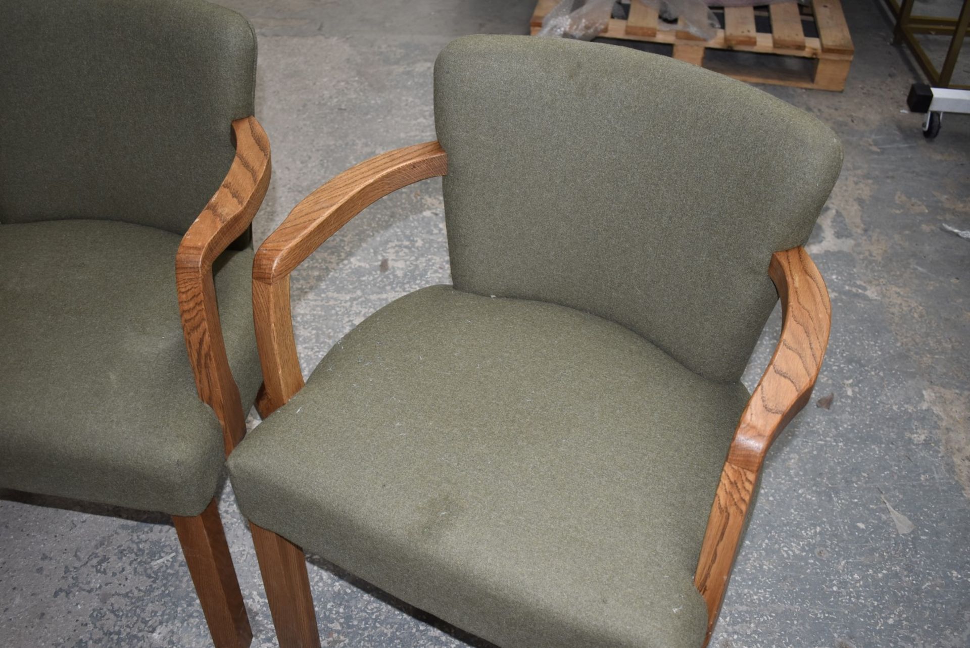 4 x Danish Style Occasional Arm Chairs With Curved Oak Arms and Vintage Green Upholstery - - Image 14 of 14