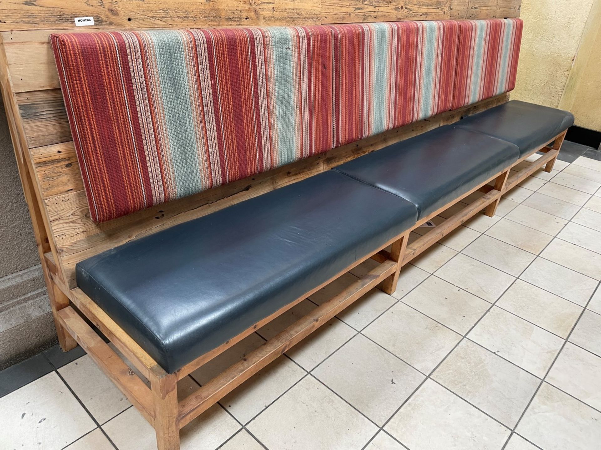 1 x Wooden Seating Bench Featuring Genuine Leather Seat Pads and Striped Fabric Back Rests