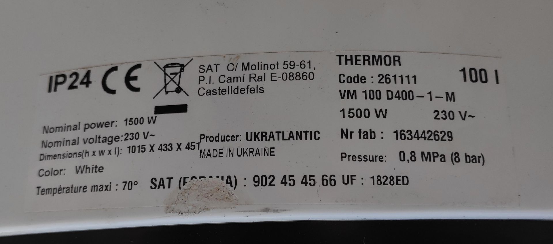 2 x Thermor 261111 100l 1500W Water Cylinders - 1015mm (h) x 433mm (w) x 451mm (d) - JMCS102 - - Image 5 of 10