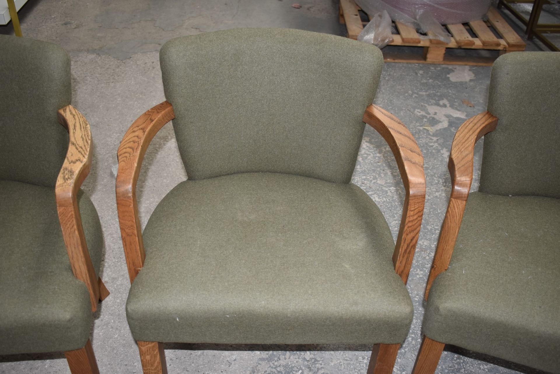 4 x Danish Style Occasional Arm Chairs With Curved Oak Arms and Vintage Green Upholstery - - Image 4 of 14