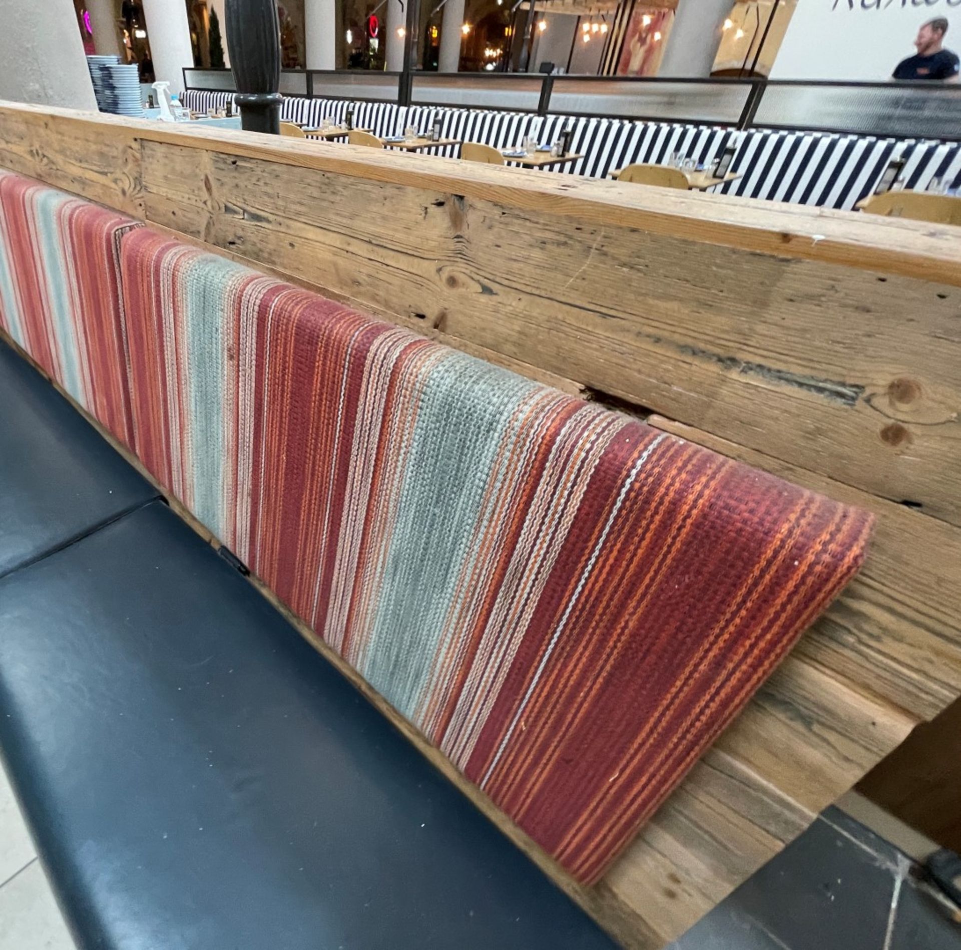 1 x Wooden Seating Bench Featuring Genuine Leather Seat Pads and Striped Fabric Back Rests - Image 6 of 12