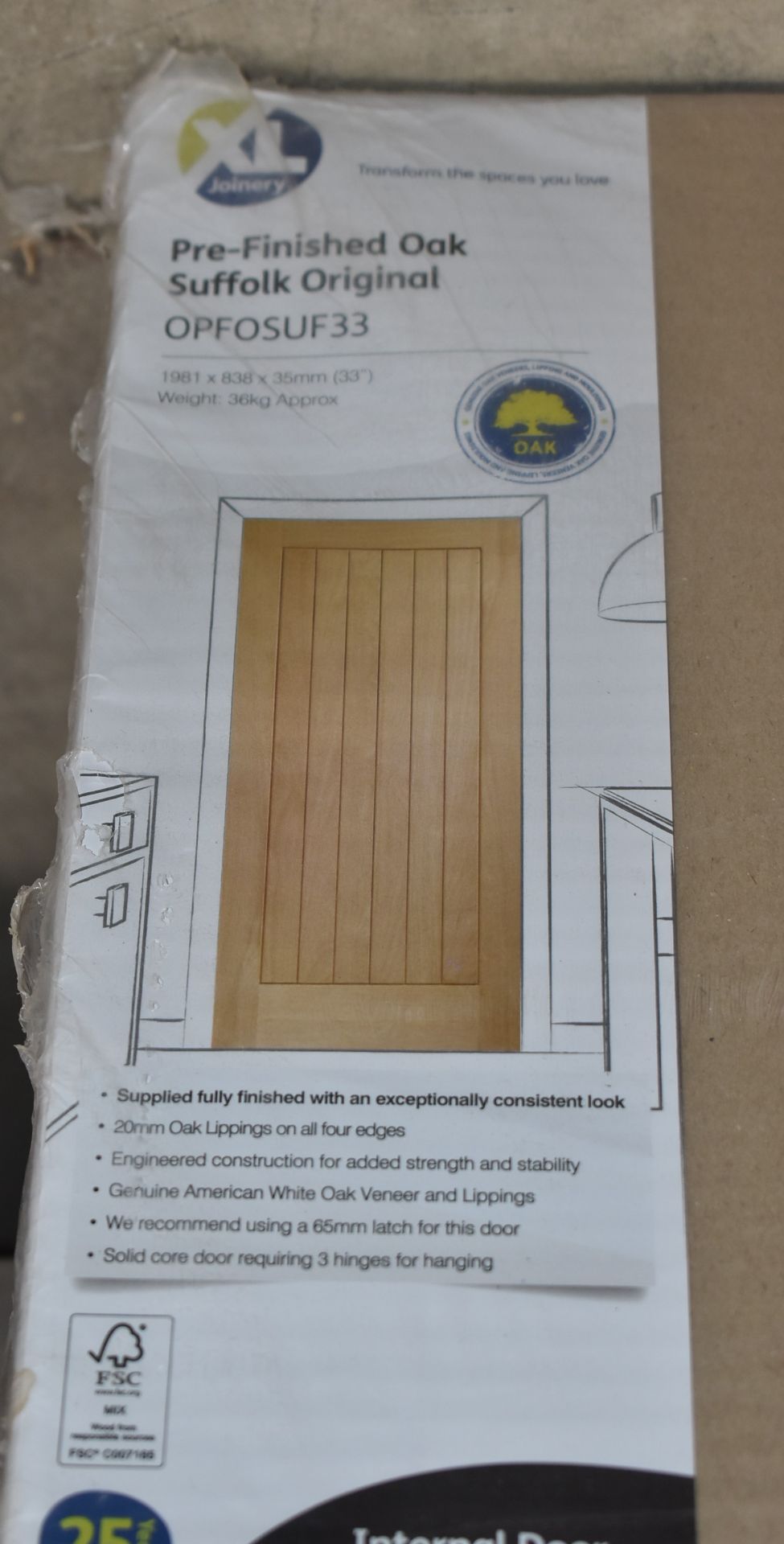 1 x Solid Oak Suffolk Internal Door by XL Joinery - Unused / Sealed - Size: 198x84x4.5 cms - CL999 - - Image 2 of 3