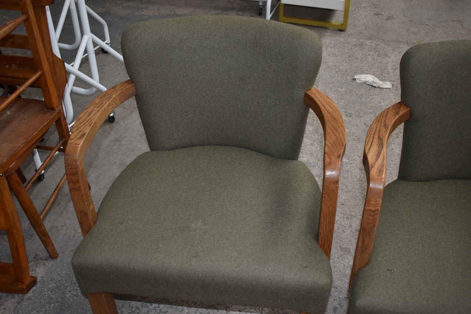 4 x Danish Style Occasional Arm Chairs With Curved Oak Arms and Vintage Green Upholstery - - Image 5 of 14