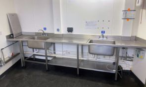 1 x Stainless Steel Twin Sink Wash Unit With Upstands, Undershelves and Mixer Taps