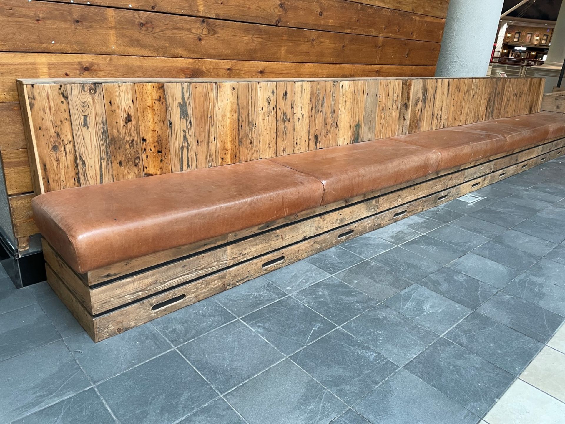 1 x Rustic Wooden Seating Bench Featuring Tan Leather Seat Pads - Suitable For Restaurants or Bars! - Image 7 of 12
