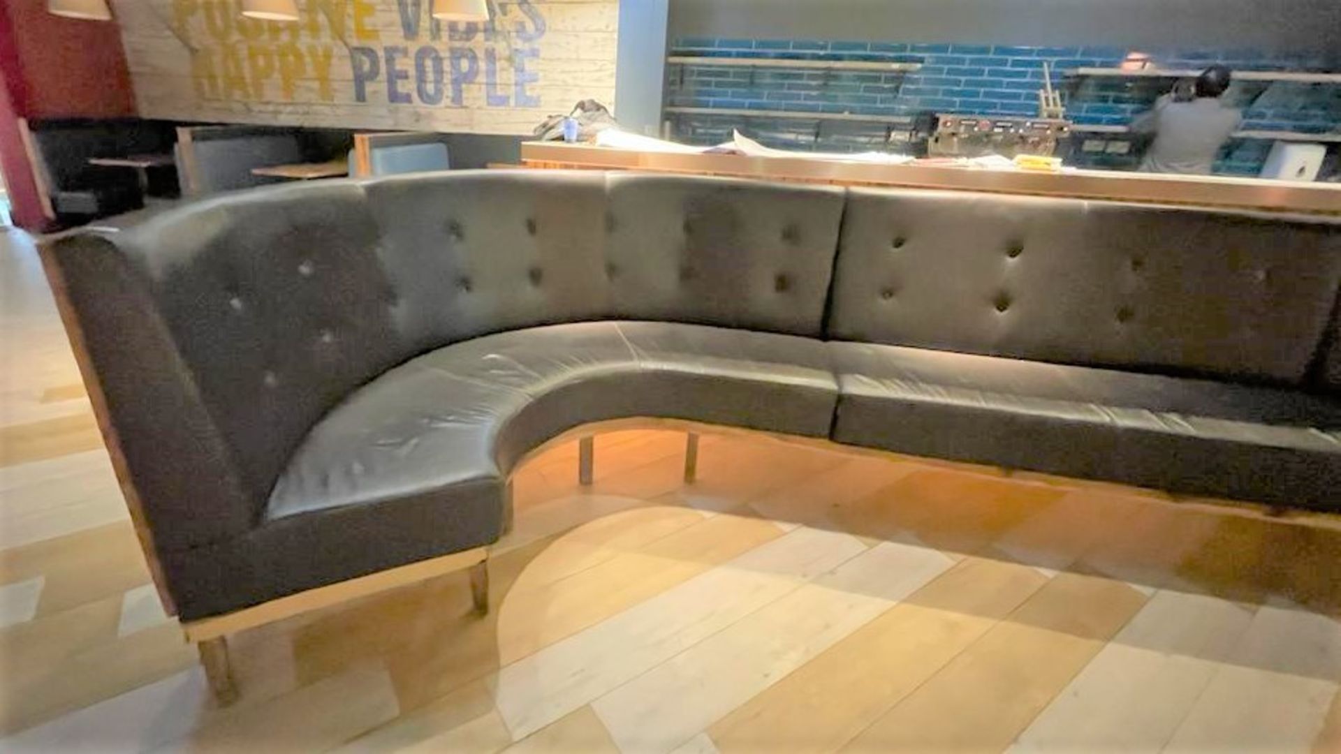 1 x Long Seating Bench With Curved Ends - Features Genuine Dark Brown Leather and Timber Panelled - Image 6 of 17