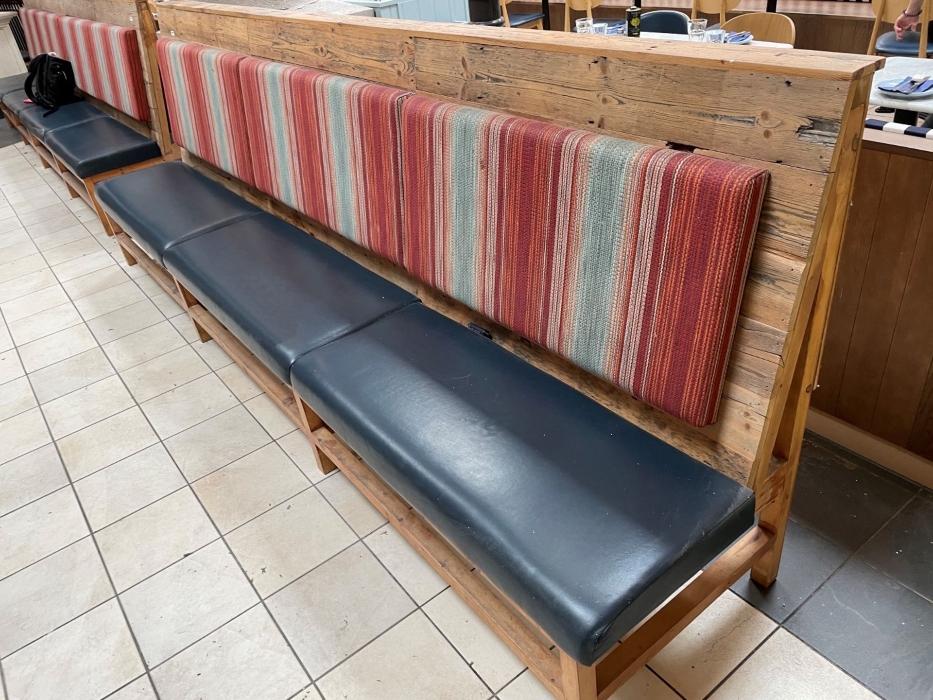 1 x Wooden Seating Bench Featuring Genuine Leather Seat Pads and Striped Fabric Back Rests - Image 3 of 12