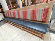 1 x Wooden Seating Bench Featuring Genuine Leather Seat Pads and Striped Fabric Back Rests