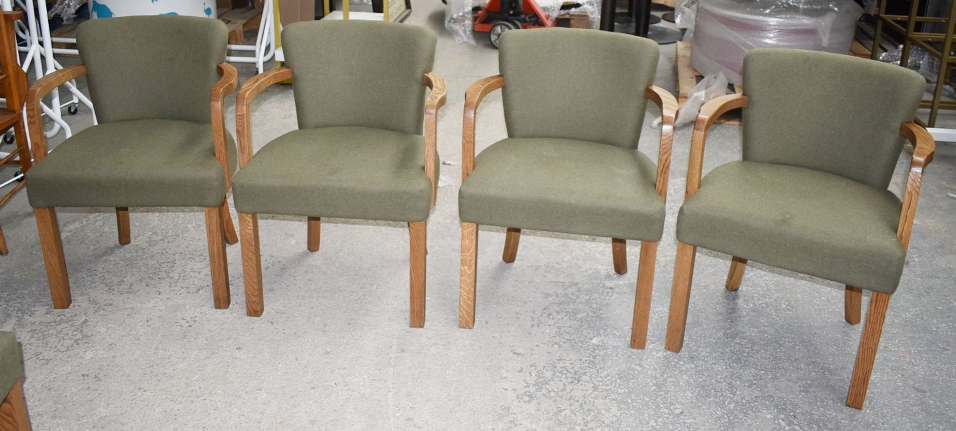 4 x Danish Style Occasional Arm Chairs With Curved Oak Arms and Vintage Green Upholstery -