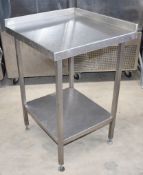 1 x Stainless Steel Corner Prep Table With Upstand and Undershelf - Dimensions: H93 x W70 x D65cm