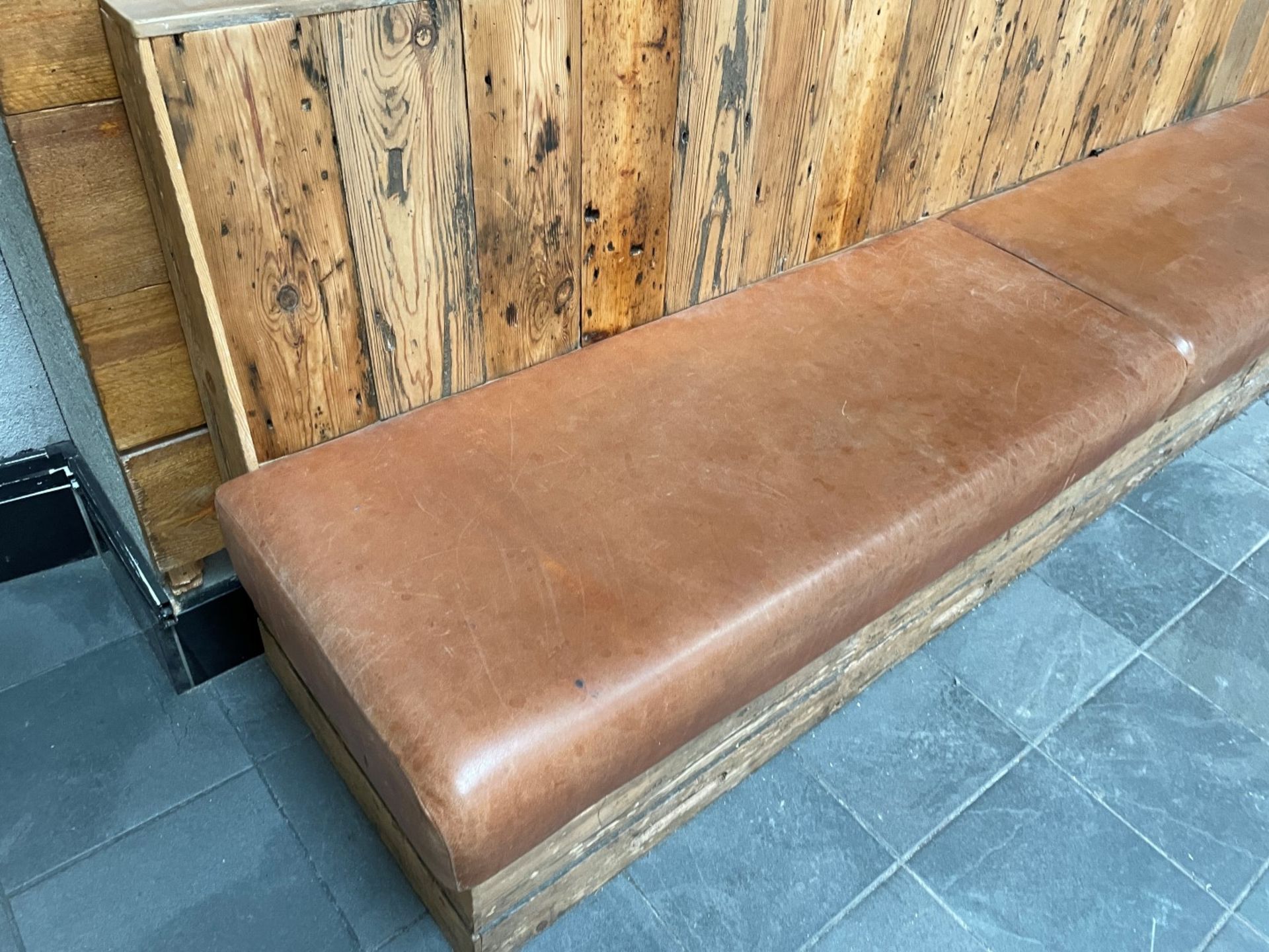1 x Rustic Wooden Seating Bench Featuring Tan Leather Seat Pads - Suitable For Restaurants or Bars! - Image 11 of 12