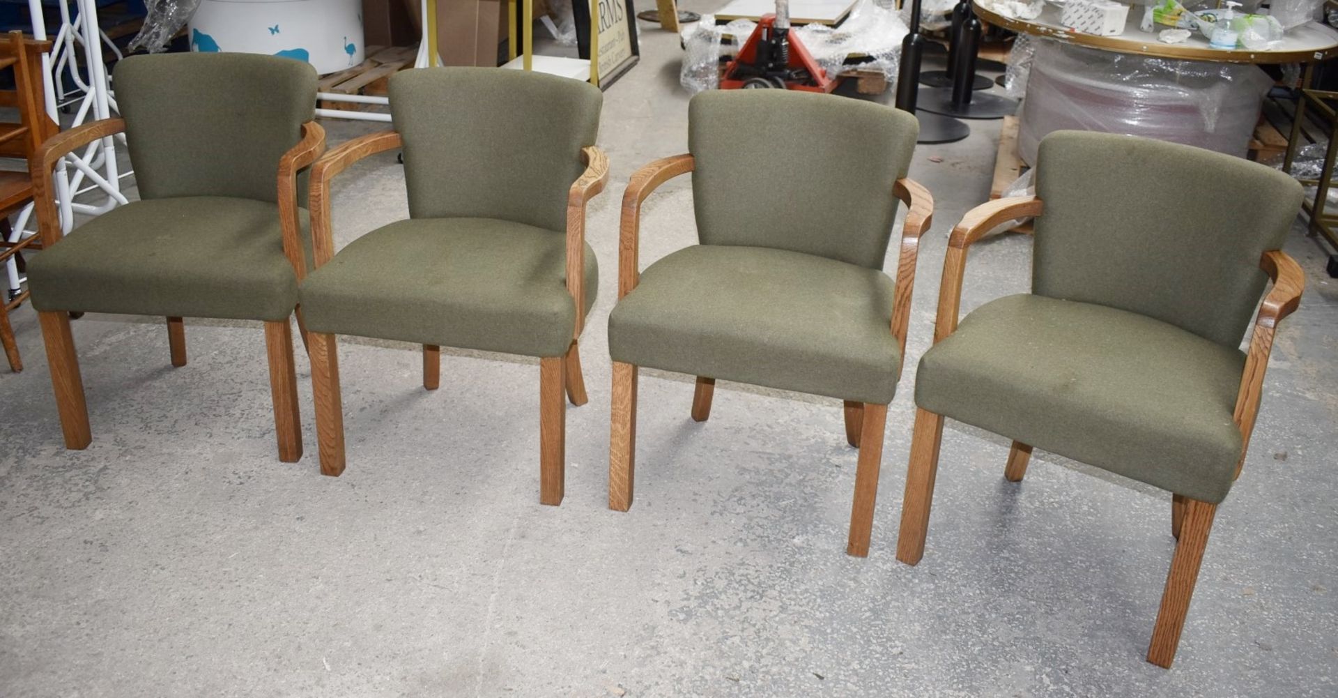4 x Danish Style Occasional Arm Chairs With Curved Oak Arms and Vintage Green Upholstery - - Image 9 of 14