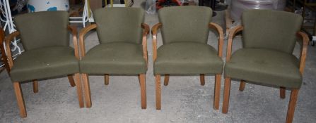4 x Danish Style Occasional Arm Chairs With Curved Oak Arms and Vintage Green Upholstery -