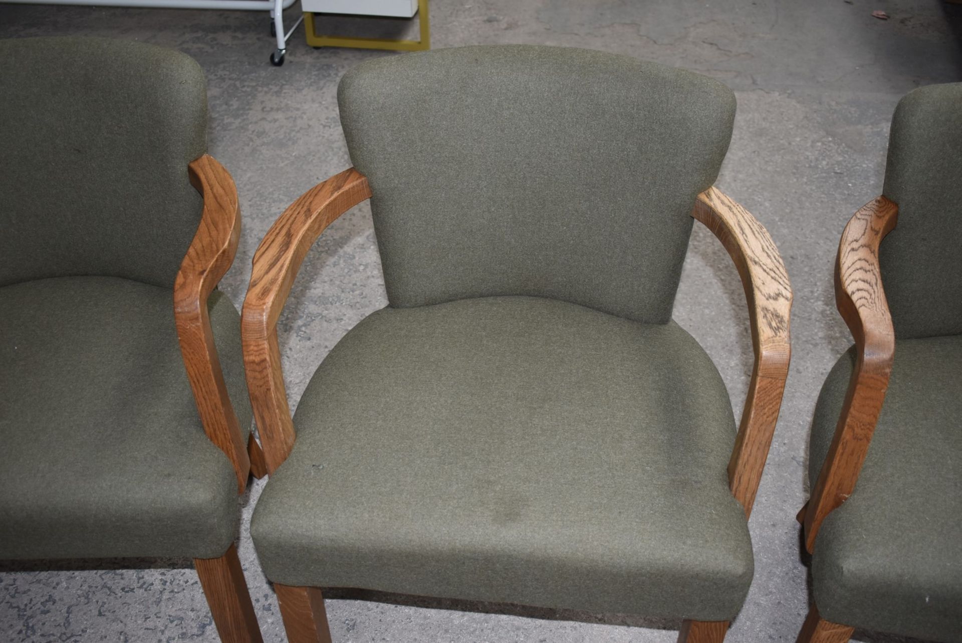 4 x Danish Style Occasional Arm Chairs With Curved Oak Arms and Vintage Green Upholstery - - Image 11 of 14