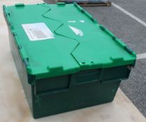 20 x Robust Low Profile Green Plastic Secure Storage Boxes With Attached Hinged Lids - Dimensions: