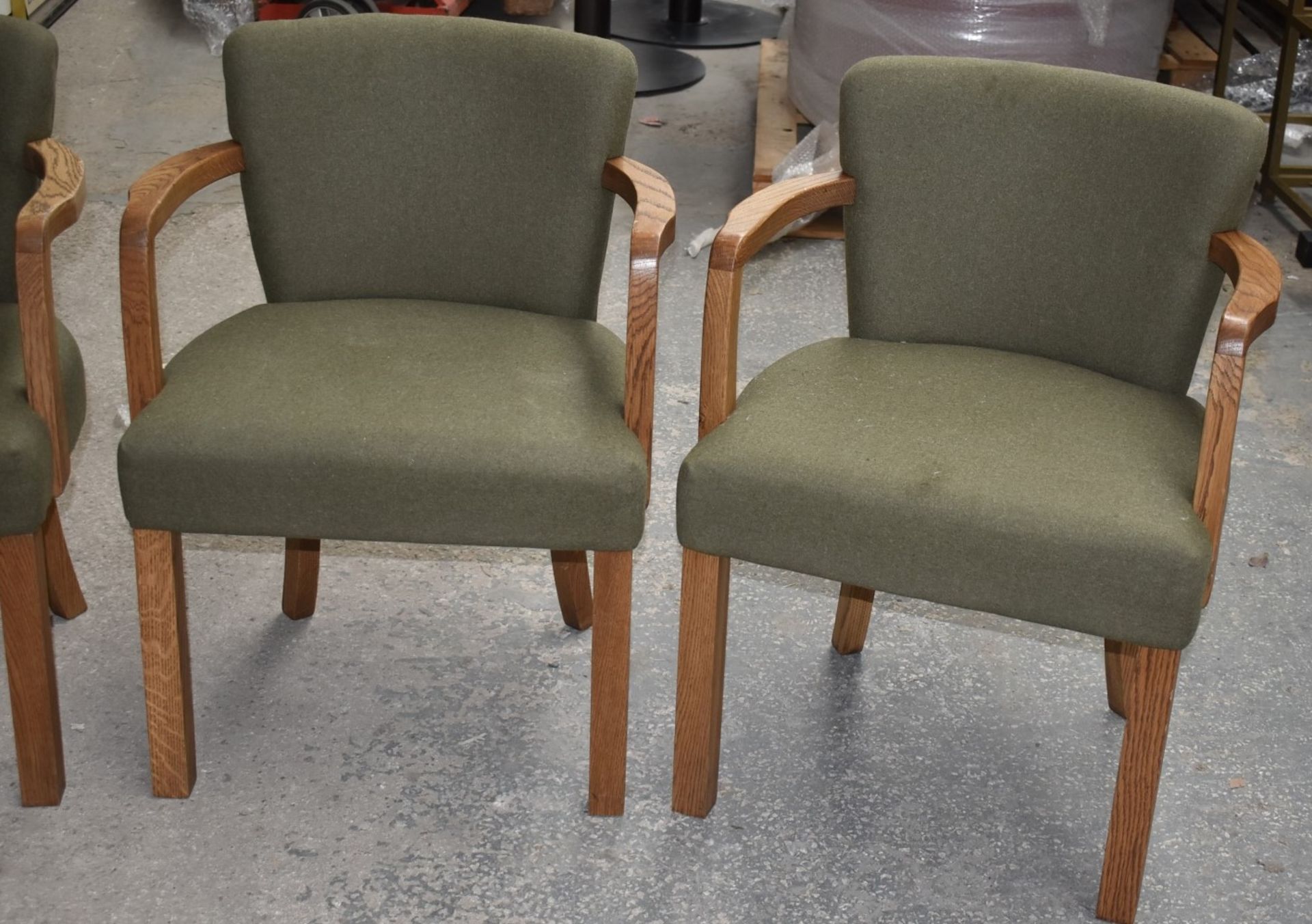 4 x Danish Style Occasional Arm Chairs With Curved Oak Arms and Vintage Green Upholstery - - Image 2 of 14